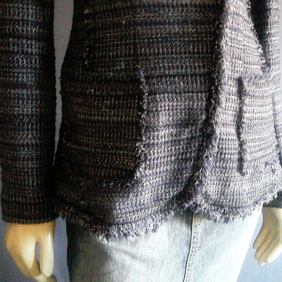 Rebecca Taylor Navy Blue Plaid Silver Lace Fringe Cotton Jacket 2 - Picture 5 of 13